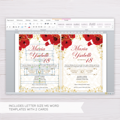 Red Floral and Gold Ornaments with Glitters Royal Debut Invitation Template in MS Word