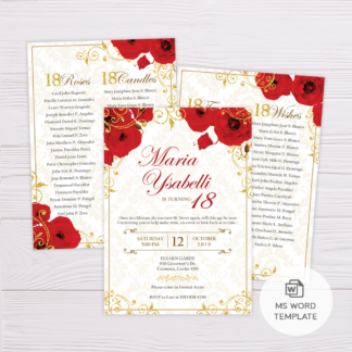 Red Floral and Gold Ornaments with Glitters Royal Debut Invitation Template in MS Word