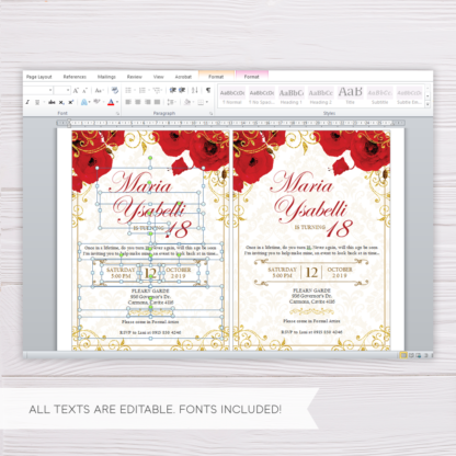 Red Floral and Gold Ornaments with Glitters Royal Invitation Template in MS Word
