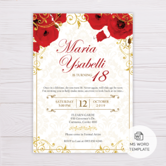 Red Floral and Gold Ornaments with Glitters Royal Invitation Template in MS Word