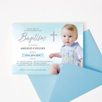 Blue & Silver Baptism Invitation with Picture