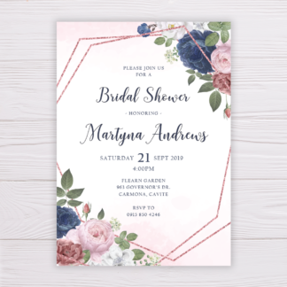 Bridal Shower Invitation with Dusty Blue & Old Rose Color Flowers and Rose gold Frame