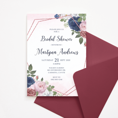 Bridal Shower Invitation with Dusty Blue & Old Rose Color Flowers and Rose gold Frame