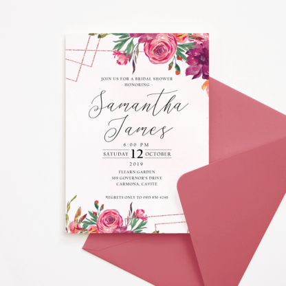 Bridal Shower Invitation with Rose Gold Frame & Pink and Magenta Flowers
