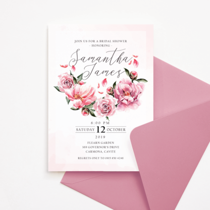 Bridal Shower Invitation - Watercolor Old Rose Color Flowers Wreath