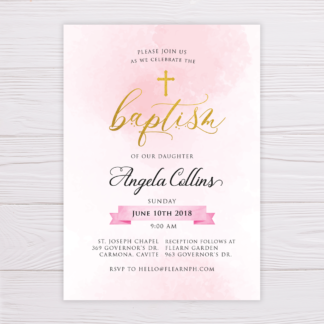 Gold & Pink Watercolor Baptism Invitation