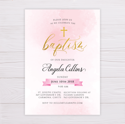 Gold & Pink Watercolor Baptism Invitation