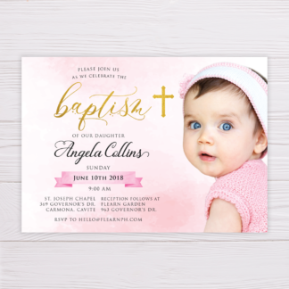 Gold & Pink Watercolor Baptism Invitation with Picture