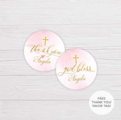 Gold & Pink Watercolor Baptism Thank You & Favor Tag