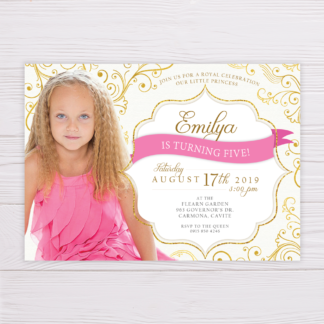 Pink & Gold Princess Invitation with Ornaments & Picture