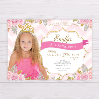Pink & Gold Princess Invitation with Pink Flowers & Picture