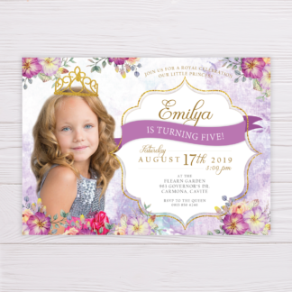 Purple & Gold Princess Invitation with Purple Flowers & Picture