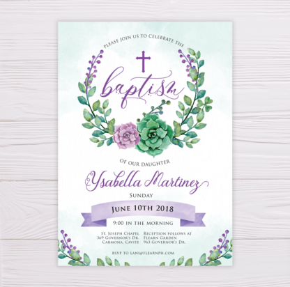 Purple & Green Succulent Baptism Invitation