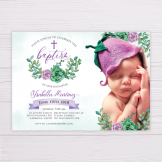 Purple & Green Succulent Baptism Invitation with Picture