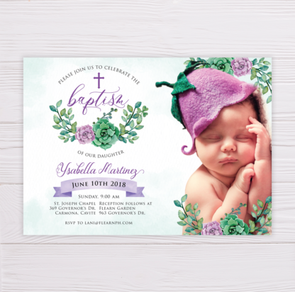 Purple & Green Succulent Baptism Invitation with Picture