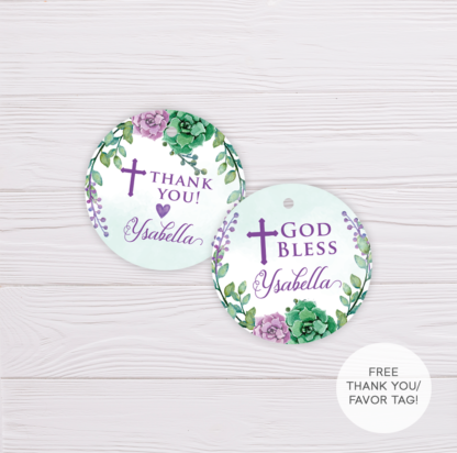 Purple & Green Succulent Baptism Thank You & Favor Tag