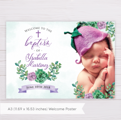Purple & Green Succulent Baptism Welcome Poster with Picture