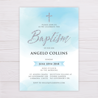 Baptism Invitation - Blue Watercolor & Silver