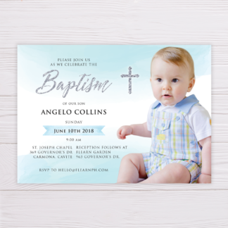 Baptism Invitation with Picture - Blue Watercolor & Silver