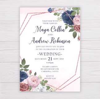 Wedding Invitation - Dusty Blue & Rose with Rose Gold Frame