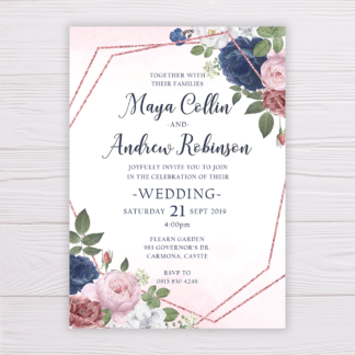 Wedding Invitation - Dusty Blue & Rose with Rose Gold Frame