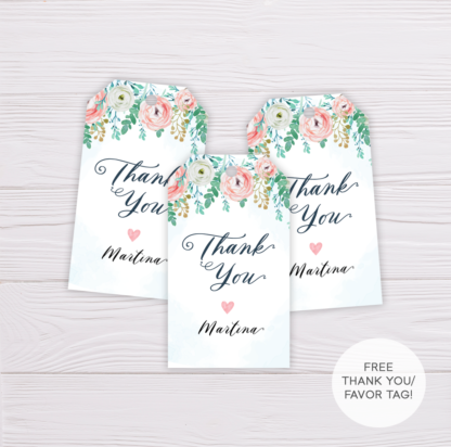 Blue Watercolor & Blush Flowers Thank You Tag/Thank You Card