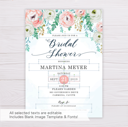 Blue Watercolor & Blush Flowers Bridal Shower Invitation Template