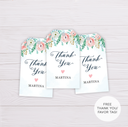 Blue Watercolor & Blush Flowers Thank You Tag