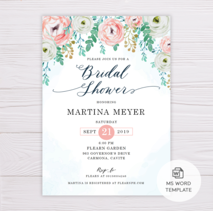 Blue Watercolor & Blush Flowers Bridal Shower Invitation Template
