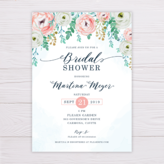 Blue Watercolor & Blush Flowers Bridal Shower Invitation