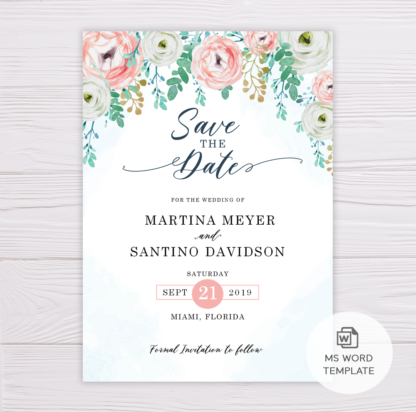 Blue Watercolor & Blush Flowers Save the Date Template