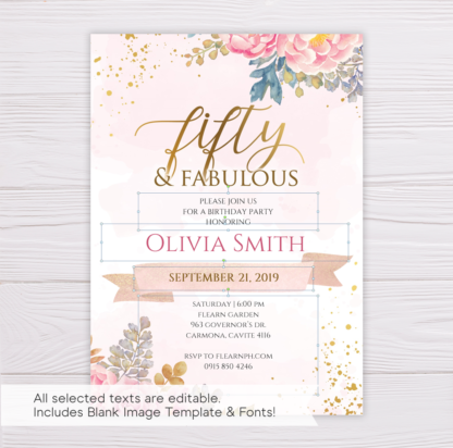 Blush & Gold Watercolor Flowers Fifty & Fabulous Birthday Invitation Template