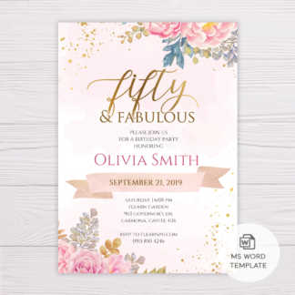 Blush & Gold Watercolor Flowers Fifty & Fabulous Birthday Invitation Template