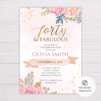 Blush & Gold Watercolor Flowers Forty and Fabulous Birthday Invitation Template