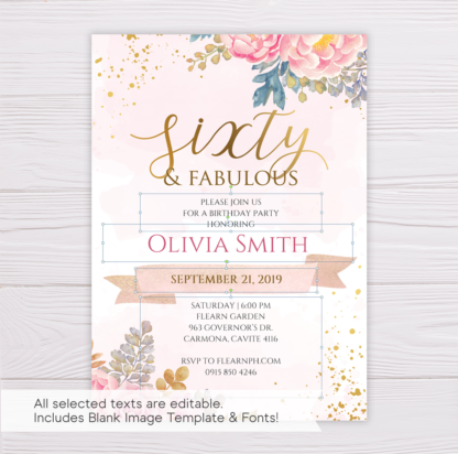 Blush & Gold Watercolor Flowers Sixty and Fabulous Birthday Invitation Template