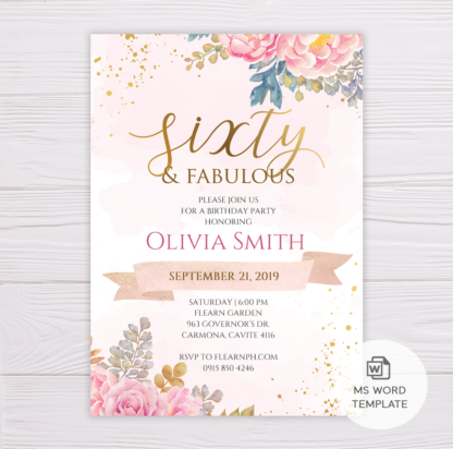 Blush & Gold Watercolor Flowers Sixty and Fabulous Birthday Invitation Template