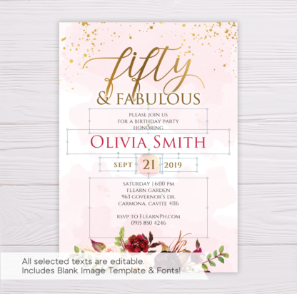 Blush & Gold Watercolor with Marsala Fifty & Fabulous Birthday Invitation Template