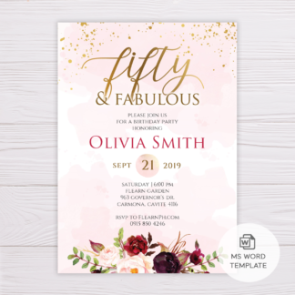 Blush & Gold Watercolor with Marsala Fifty & Fabulous Birthday Invitation Template