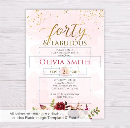 Blush & Gold Watercolor with Marsala Forty & Fabulous Birthday Invitation Template