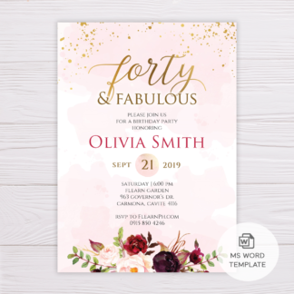 Blush & Gold Watercolor with Marsala Forty & Fabulous Birthday Invitation Template