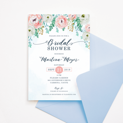 Bridal Shower Invitation - Watercolor Powder Blue Background & Blush and White Flowers