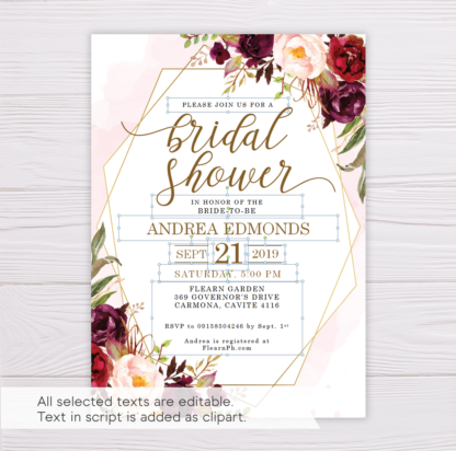 Marsala Flowers with Gold Frame Bridal Shower Invitation Template