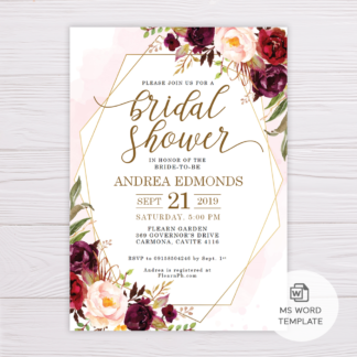 Marsala Flowers with Gold Frame Bridal Shower Invitation Template