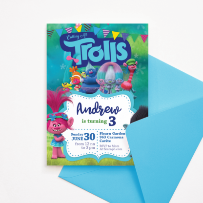 Trolls Birthday Invitation Template - Blue for Boys