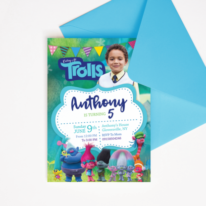Trolls Birthday Invitation with Picture - Blue for Boys