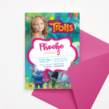 Trolls Birthday Invitation with Picture - Pink for Girls