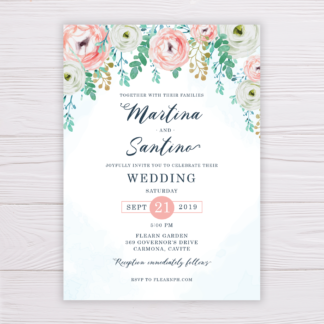 Blue Watercolor & Blush Flowers Wedding Invitation