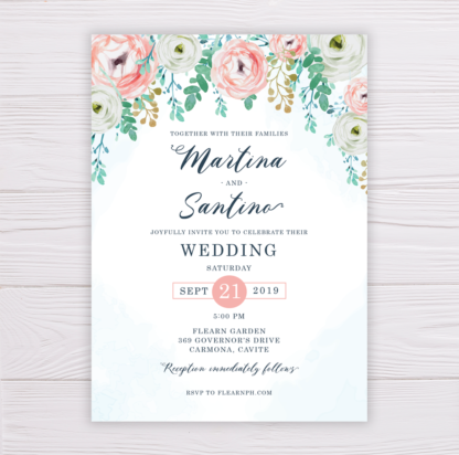 Blue Watercolor & Blush Flowers Wedding Invitation
