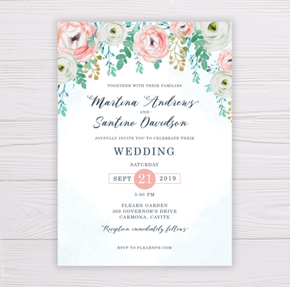 Blue Watercolor & Blush Flowers Wedding Invitation