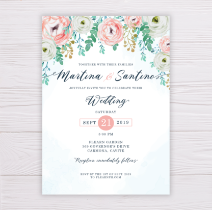 Blue Watercolor & Blush Flowers Wedding Invitation